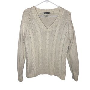 Route 66 Vintage Cream Cable Knit V-Neck Sweater - Size XL